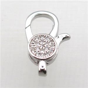 copper Lobster Clasp with zircon, platinum plated, approx 10-18mm