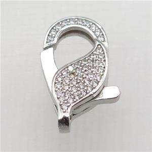 copper Lobster Clasp pave zircon, platinum plated, approx 10-20mm