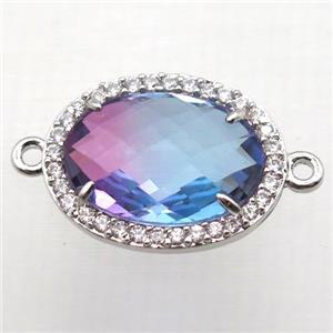 Crystal Glass oval connector with zircon, copper, platinum plated, approx 16-22mm