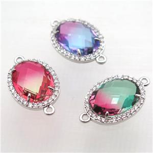 Crystal Glass connector with zircon, copper, platinum plated, mix color, approx 16-22mm