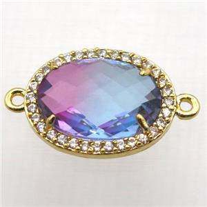Crystal Glass oval connector with zircon, copper, gold plated, approx 16-22mm
