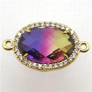 Crystal Glass oval connector with zircon, copper, gold plated, approx 13-18mm
