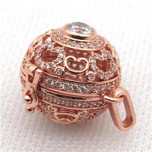round copper hollow Locket pendant pave zircon, rose gold, approx 20mm dia