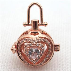copper locket pendant pave zircon, rose gold, approx 20mm dia