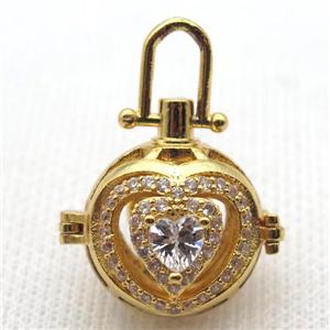 copper locket pendant pave zircon, gold plated, approx 20mm dia