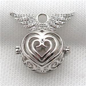 copper locket pendant pave zircon with angel wing, platinum plated, approx 24-30mm