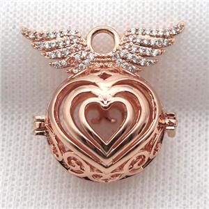 copper locket pendant pave zircon with angel wing, rose gold, approx 24-30mm