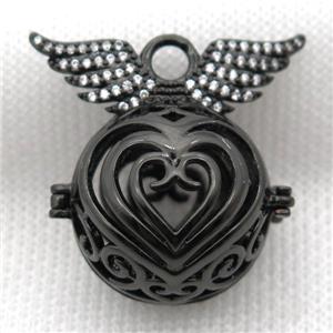 copper locket pendant pave zircon with angel wing, black plated, approx 24-30mm