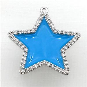 copper star pendant pave zircon with blue Enameling, platinum plated, approx 28mm dia