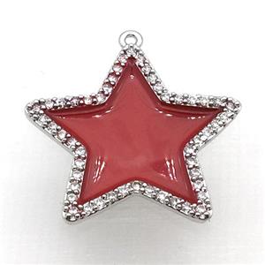 copper star pendant pave zircon with red Enameling, platinum plated, approx 28mm dia