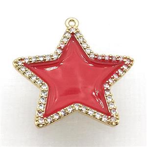 copper star pendant pave zircon with red Enameling, gold plated, approx 28mm dia