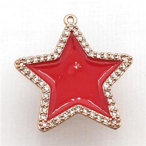 copper star pendant pave zircon with red Enameling, rose gold, approx 28mm dia
