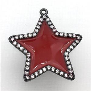 copper star pendant pave zircon with red Enameling, black plated, approx 28mm dia