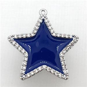 copper star pendant pave zircon with deepblue Enameling, platinum plated, approx 28mm dia