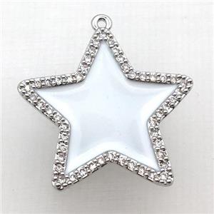 copper star pendant pave zircon with white Enameling, platinum plated, approx 28mm dia