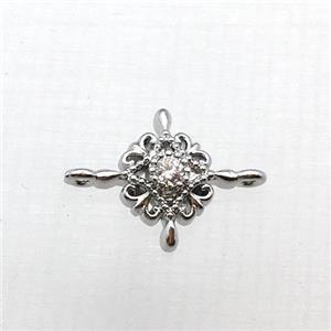 copper flower connector pave zircon, platinum plated, approx 10-14mm