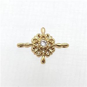 copper flower connector pave zircon, gold plated, approx 10-14mm