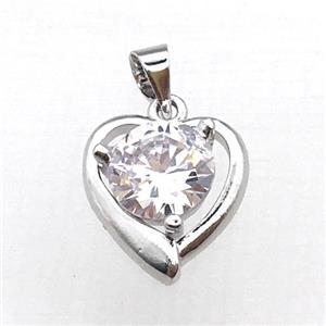 copper heart pendant pave zircon, platinum plated, approx 14-16mm