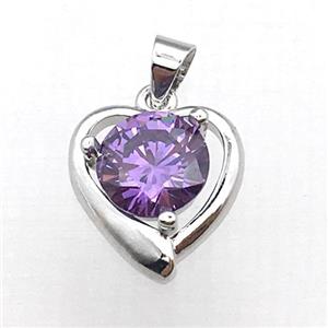 copper heart pendant pave purple zircon, platinum plated, approx 14-16mm