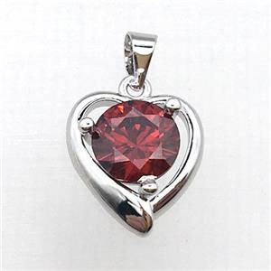 copper heart pendant pave red zircon, platinum plated, approx 14-16mm