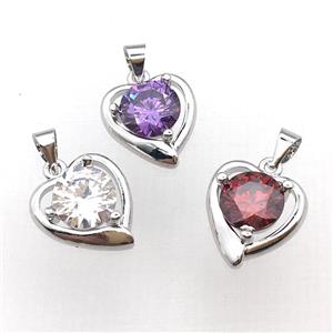 copper heart pendant pave zircon, platinum plated, mixed color, approx 14-16mm