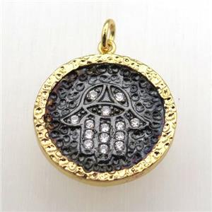 copper hamsahand pendant pave zircon, gold plated, approx 20mm dia