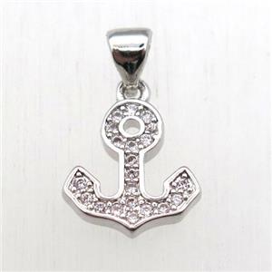 copper anchor pendant pave zircon, platinum plated, approx 11-12mm