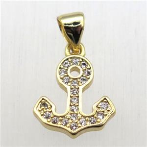 copper anchor pendant pave zircon, gold plated, approx 11-12mm