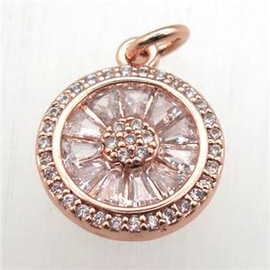 copper circle pendant pave zircon, rose gold, approx 13mm dia