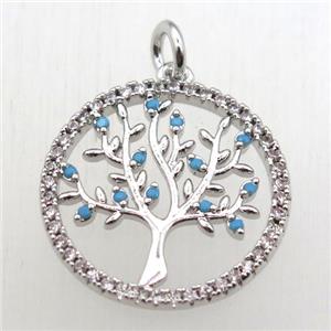 copper pendant pave zircon, tree of life, platinum plated, approx 20mm dia