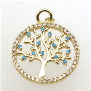 copper pendant pave zircon, tree of life, gold plated, approx 20mm dia