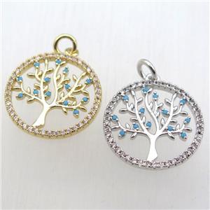 copper pendant pave zircon, tree of life, mixed, approx 20mm dia