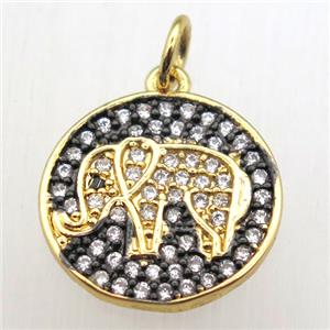 copper elephant pendant pave zircon, gold plated, approx 14mm dia