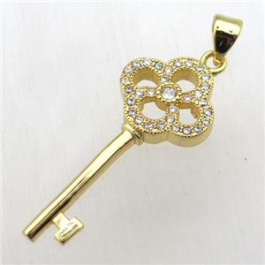 copper key charm pendant pave zircon, gold plated, approx 14-30mm