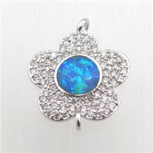 copper flower connector pave zircon with fire opal, platinum plated, approx 14mm dia