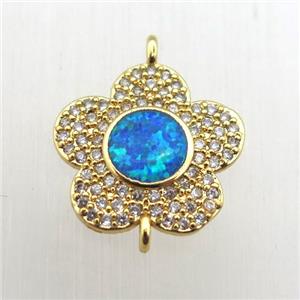 copper flower connector pave zircon with fire opal, gold plated, approx 14mm dia