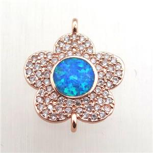 copper flower connector pave zircon with fire opal, rose gold, approx 14mm dia