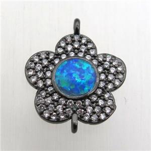 copper flower connector pave zircon with fire opal, black plated, approx 14mm dia