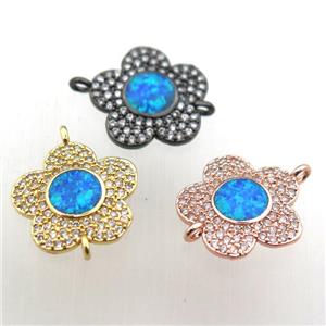 copper flower connector pave zircon with fire opal, mixed color, approx 14mm dia