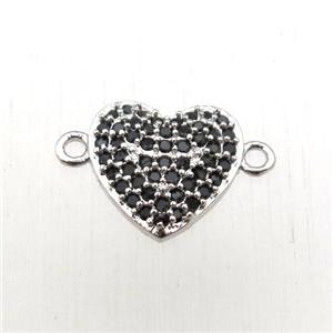 copper heart connector pave zircon, platinum plated, approx 10mm
