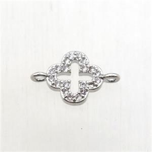 copper clover connector pave zircon, platinum plated, approx 8x8mm