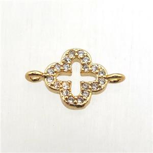 copper clover connector pave zircon, gold plated, approx 8x8mm