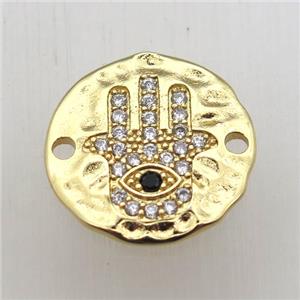 copper hamsahand connector pave zircon, gold plated, approx 18mm dia