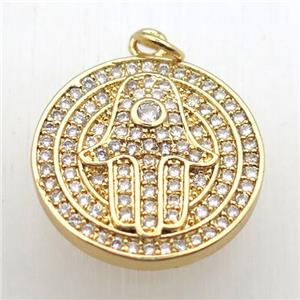 copper hamsahand pendant pave zircon, gold plated, approx 20mm dia