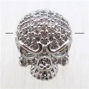 copper skull beads pave zircon, platinum plated, approx 10-13mm