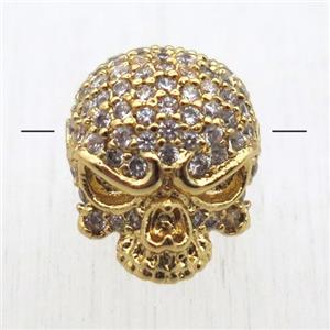 copper skull beads pave zircon, gold plated, approx 10-13mm