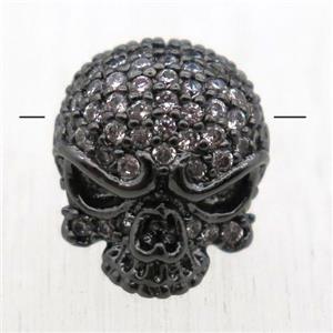 copper skull beads pave zircon, black plated, approx 10-13mm