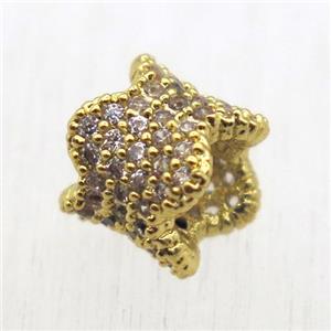 European style copper tube beads pave zircon, gold plated, approx 8mm dia
