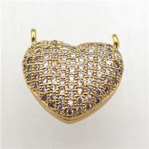 copper heart pendant pave zircon with 2loops, gold plated, approx 18mm
