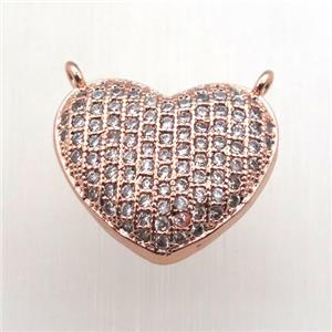 copper heart pendant pave zircon with 2loops, rose gold, approx 18mm